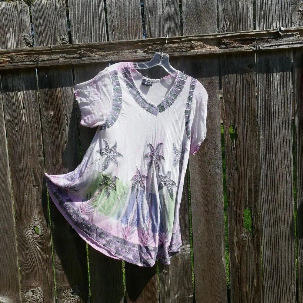 Sakkas Tunic Top One Size Boho Short Sleeve Palm Trees Crochet Trim Pink Blush - Picture 1 of 9